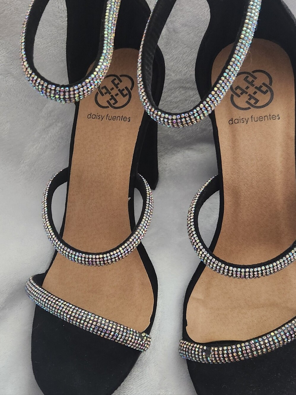 Daisy Fuentes Black Rhinestone Triple-Strap Heels